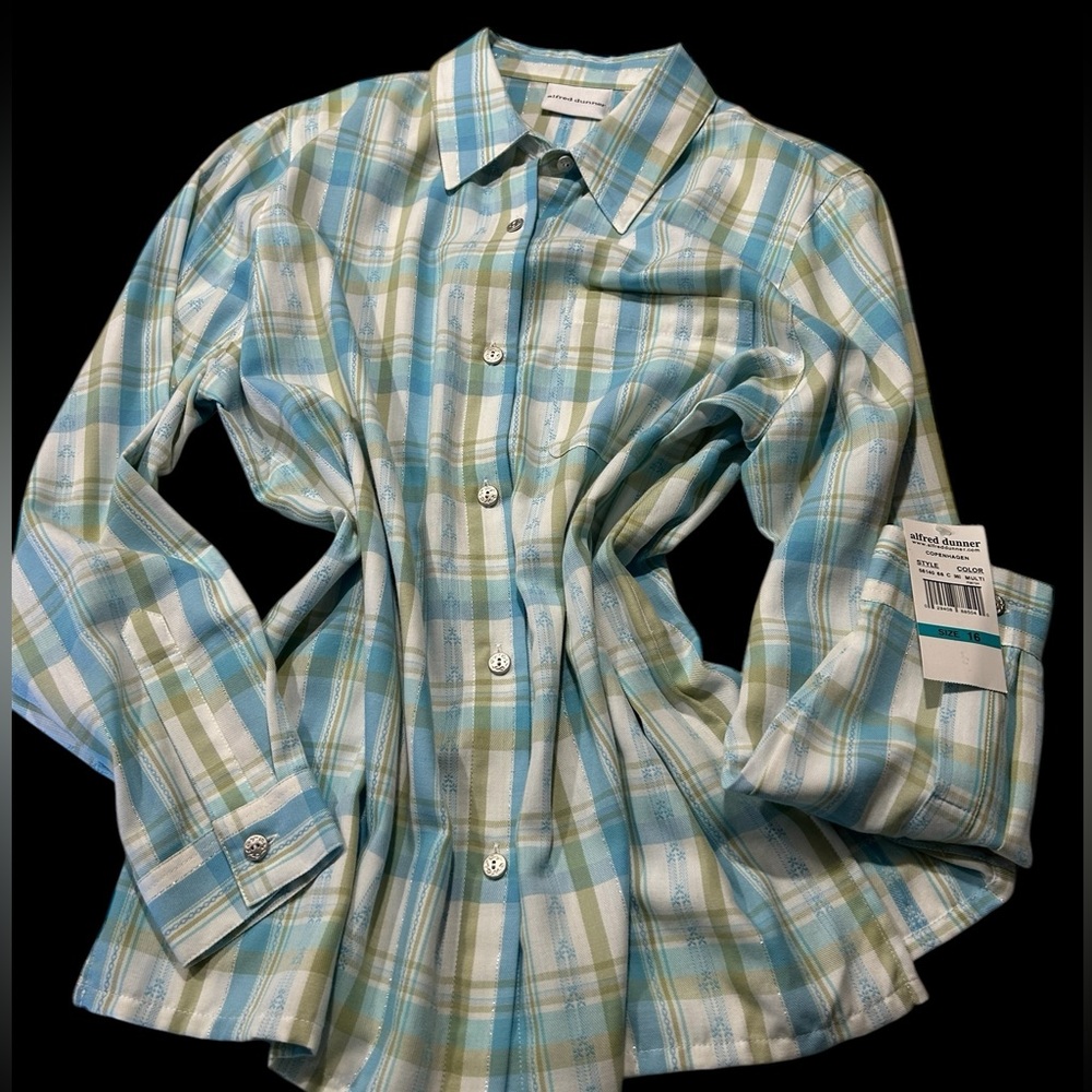 Alfred Dunner Blue and Green Plaid Button-Up Shirt